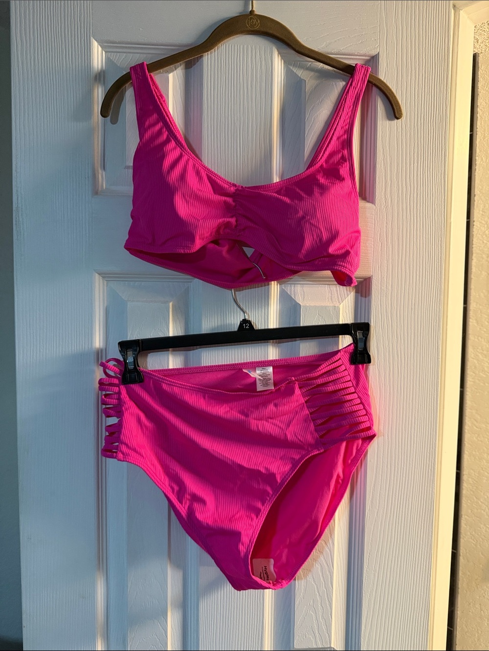 Decree Hot Pink Ribbed High Waist Bikini Set-New